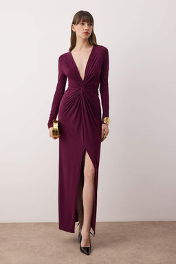 Bordo Kruvaze Yaka Orme Uzun S?k Abiye Gece Mezuniyet Y?lbas? Elbisesi TPRAW25AE00014