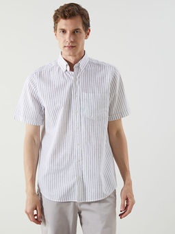 Regular Fit K?sa Kollu ?izgili Keten Kar???ml? Erkek G?mlek