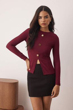 Siyah Ottoman Dik Yaka Dugmeli Uzun Kol Vucuda Oturan Orme Bluz TWOAW26BZ00191