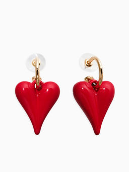 Серьги со съмными элементами "Сердца" вытянутые, цвет красный в золоте