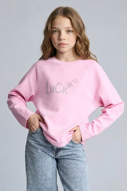 Oversize Geni_ Kal_p Bisiklet Yaka Ta_l_ Sweatshirt K_z _ocuk