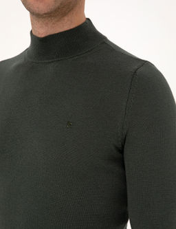 Koyu Haki Slim Fit Yar_m Bal_k__ Yaka Basic Triko Kazak