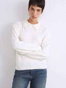 Polo Yaka Boncuk ??lemeli Kad?n Triko Kazak