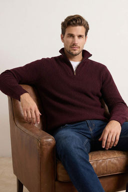 Bordo Regular Yar?m Bal?kc? Yaka Duz Triko Kazak TMNAW22KZ0347