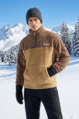 Camel Unisex Oversize/Geni_ Kesim Renk Blok S_cak Tutan Pelu_ Sweatshirt TMNAW22SW1477