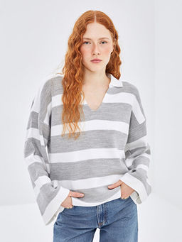 Polo Yaka ?izgili Oversize Kad?n Triko Kazak