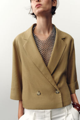CROPPED DOUBLE-BREASTED LINEN BLEND BLAZER - Zara фото 5