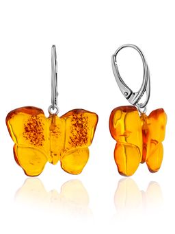 Серьги с янтарем красивого насыщенного коньячного цвета Бабочки