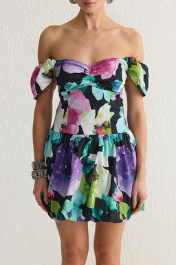 TRENDYOLMILLA Cok Renkli Carmen Yaka Cicekli Poplin Dokuma Mini Elbise TPRSS25EL00107  фото 3