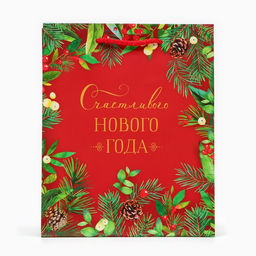 Цена за 2 шт. Пакет подарочный новогодний ламинированный «Счастливого Нового года», на красном, 18×22.3×10 см