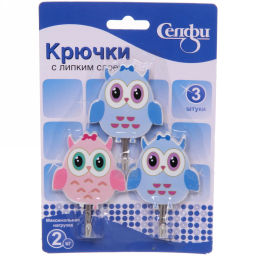 Цена за 6 шт. Крючки в наборе 3шт на липкой основе "Совята", нагрузка 2кг