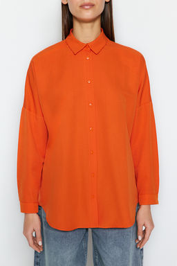 Turuncu Pamuklu Oversize Genis Kal?p Dokuma Gomlek TWOSS22GO0669