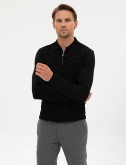 Siyah Slim Fit Polo Yaka Fermuarl_ Triko Kazak - Pierre cardin фото 3