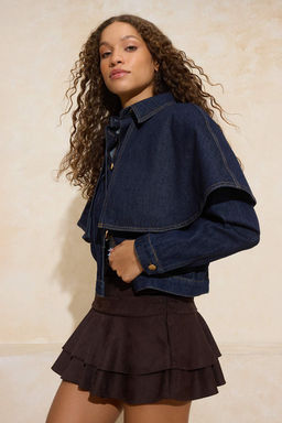 Ozel Koleksiyon Koyu Mavi C?kar?labilir Pelerinli Denim Panco Ceket TWOAW26CE00001