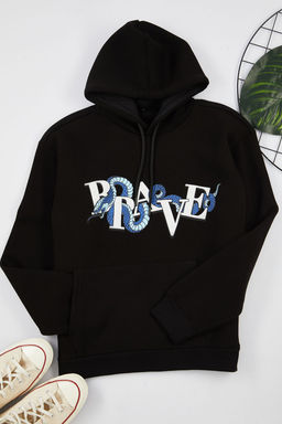 Siyah Oversize/Genis Kesim Kapusonlu Kabaran Bask? Ici Polar/S?cak Tutan Sweatshirt TMNAW25SW00037