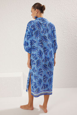 TRENDYOLMILLA Bal?k Desenli Genis Kal?p Dokuma %100 Pamuk Midi Plaj Elbisesi TBESS22EL0009 фото 17