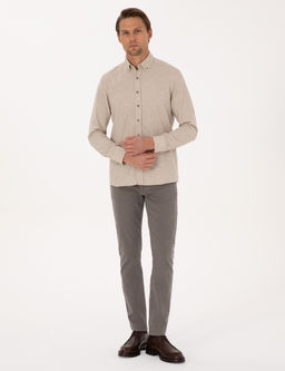Bej Flanel Dokulu Slim Fit Uzun Kollu G_mlek