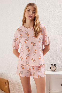 Pembe %100 Pamuklu Eglence Bask?l? Sortlu Orme Pijama Tak?m? THMSS25PT00176