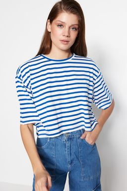 TRENDYOLMILLA Lacivert Cizgili Relaxed/Genis Rahat Kesim Crop Bisiklet Yaka Orme T-Shirt TWOSS23TS00136 фото 2