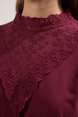 Bordo Brodeli Dik Yaka Basic Regular/Normal Kal?p Pamuklu Orme Bluz TWOSS23BZ00879