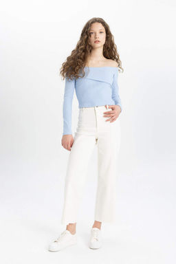 Приталенная футболка с открытыми плечами в рубчик и длинными рукавами - Defacto фото 3