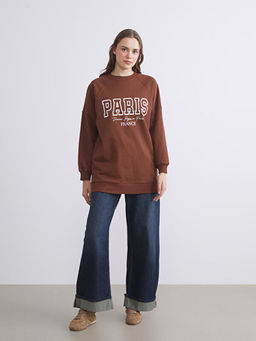 Bisiklet Yaka Paris Bask?l? Oversize Kad?n Sweatshirt Tunik
