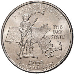 Монета 25 центов (1/4 доллара) 2000 года D США Штаты и территории Массачусетс