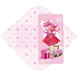 Цена за 5 шт.Конверт для денег "Без текста" (7721) уф-лак, блестки "Девушка с шариками"