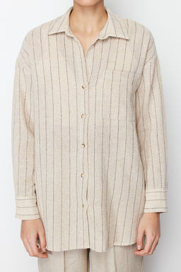 TRENDYOLMILLA Bej Cizgili Oversize Keten Gorunumlu Dokuma Gomlek TWOSS24GO00047  фото 4