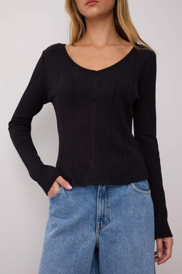 Siyah Fitted/Vucuda Oturan Pointel V Yaka Vucuda Oturan Esnek Orme Bluz TWOAW26BZ00004