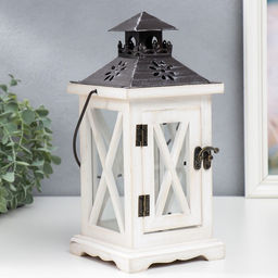 Деревянный подсвечник-фонарь на 1 свечу «Ставни», беж, 28×12.5×12.5 см