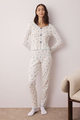 Pembe %100 Pamuklu Cicekli Kurdele/Fiyonklu Fitilli/Pointel Orme Pijama Tak?m? THMAW26PT00070 - Trendyolmilla фото 2