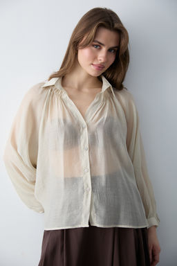 Kahverengi Ince Dokumlu Balon Kol Dokuma Gomlek TWOSS26GO00139 - Trendyolmilla фото 7