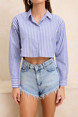 TRENDYOLMILLA Cizgili Crop Dokuma S?rt Dekolteli Keten Gorunumlu Plaj Gomlegi TBESS24GO00012  фото 34