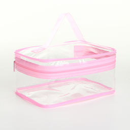 Косметичка-сундучок на молнии, маленькая, с ручкой, прозрачная, розовая