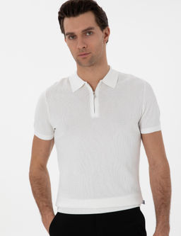 Ekru Slim Fit Fermuarl_ Polo Yaka Triko T-shirt