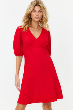 K?rm?z? Etegi Volanl? Balon Kollu Mini Dokuma Elbise TWOSS24EL00062 - Trendyolmilla фото 3