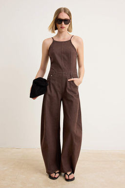 Kahverengi Ask_l_ Az Esnek Baggy Fit Denim Tulum TWOSS26TU00001