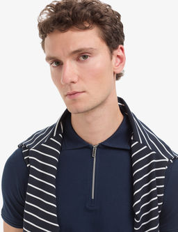 Lacivert Slim Fit %100 Pamuk K_vr_lmaz Fermuarl_ Polo Yaka Basic Ti__rt