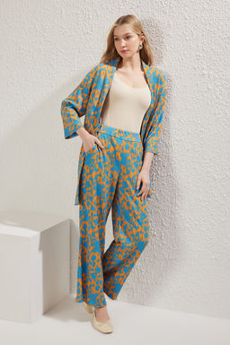 Turuncu Bask?l? Rahat Kesim Esnek Kimonolu Orme Alt-Ust Tak?m TWOSS24AU00103