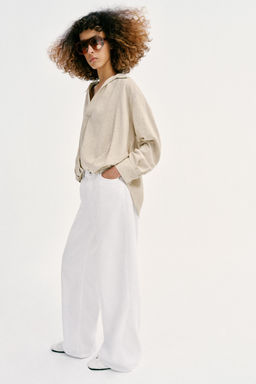 CAMISA CON LINO BAJO ABULLONADO / Beige claro - Zara фото 4