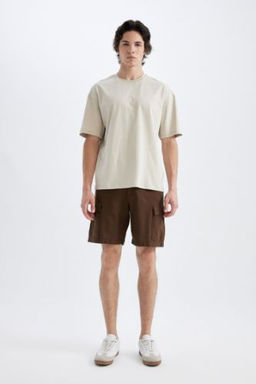 Regular Fit Keten Gorunumlu Kargo Bermuda Sort