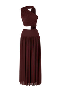 Kahverengi Asimetrik Yaka Kolsuz Tul Party Etek-Bluz Tak?m TPRSS26AU00004