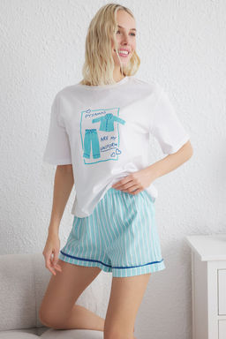 Trendyolmilla Beyaz-Pembe %100 Pamuklu Cizgili Bask?l? Sortlu Orme Pijama Tak?m? THMSS25PT00115 фото 3