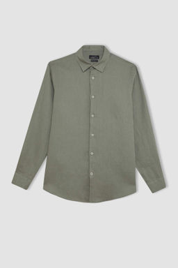 Regular Fit Polo Yaka Keten Uzun Kollu Gomlek - Defacto фото 4