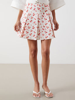 Beli Fermuarl? ?i?ekli Pileli Mini Etek