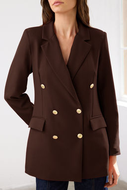 Koyu Kahverengi Astarl? Kruvaze Kapama Dokuma Blazer Ceket TWOSS20CE0024