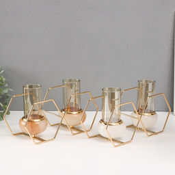 Подсвечник на 2 свечи «Шестигранники», металл, стекло, белый с золотом, 15.5×26.5×10.5 см