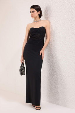 Trendyolmilla Siyah Dantel Detayl? Maxi Dokuma Mezuniyet Abiye Elbise TPRSS25AE00183