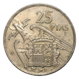 Монета 25 песет 1957 (59) года Испания